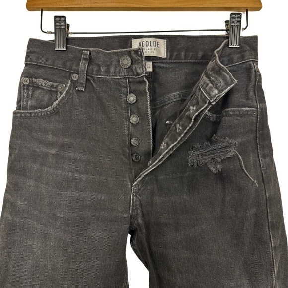 AGOLDE Premium High Rise Skinny Jeans Black Destroyed Hem Button Fly Size 24 - Picture 3 of 16